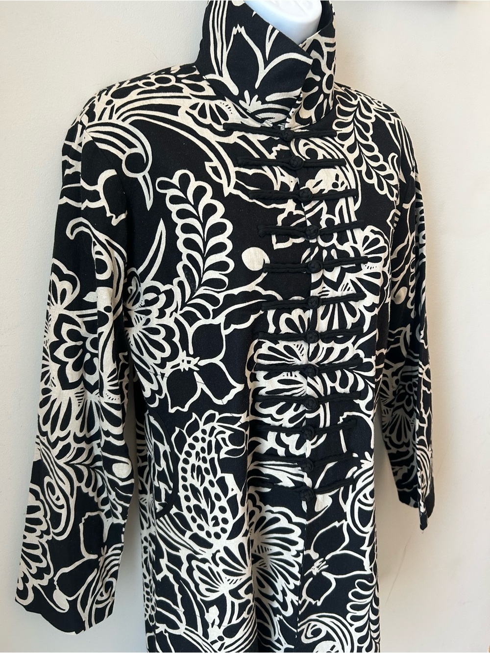 Black & White Mandarin Collar Jacket Art Nouveau Floral Print Statement piece